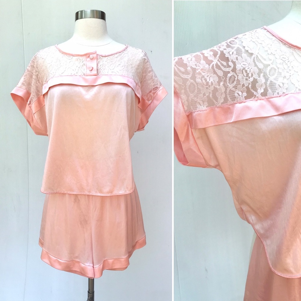 Vintage 70’s pastel pink lace satin pajamas shorts & top set